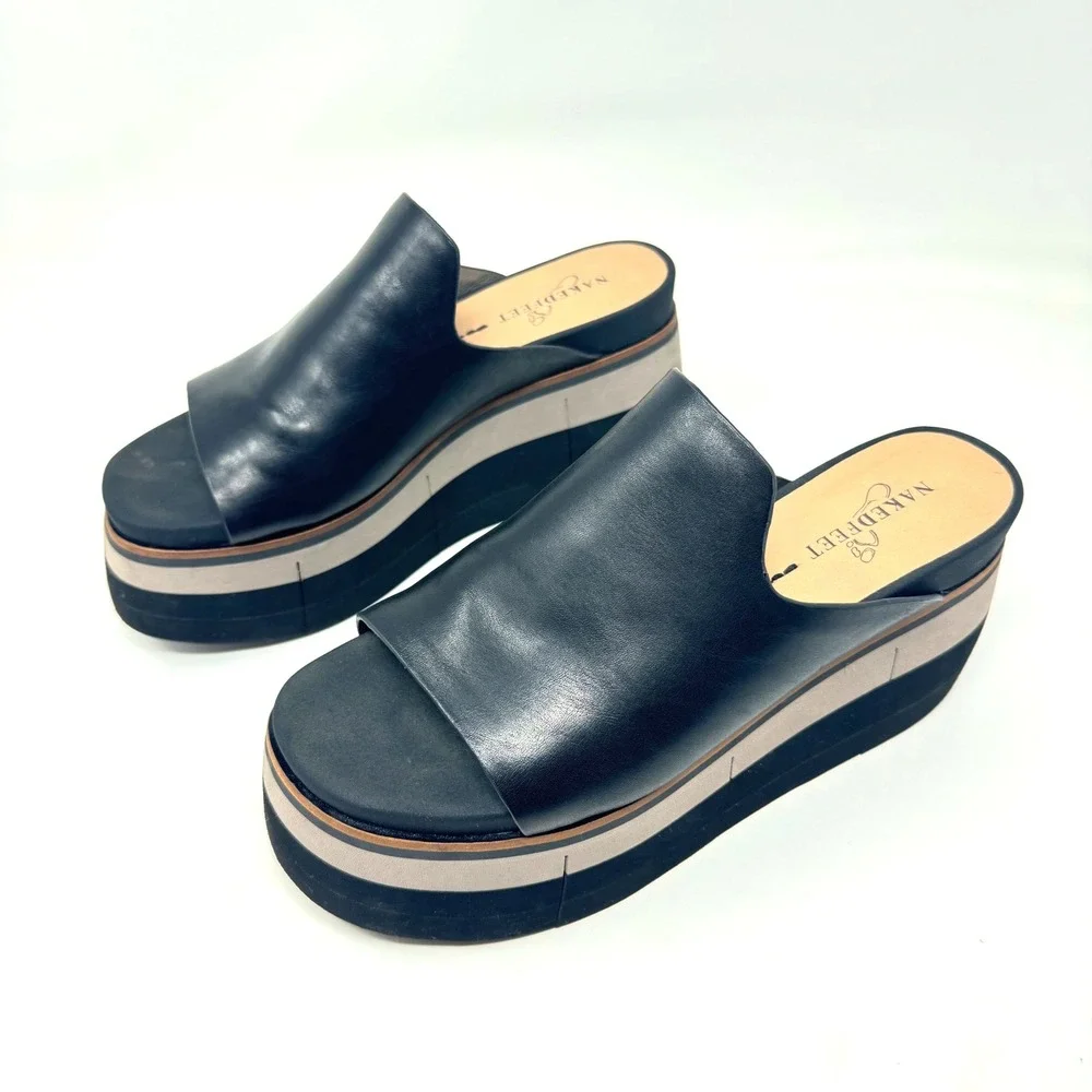 Naked Feet Flow Black Onyx Leather Platform Wedge Slide Sandals Women 7.5 M